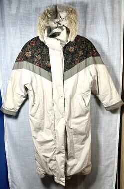 Vtg Cyclone White Floral Hooded Winter Jacket Puffy Long Women’s Sz 12